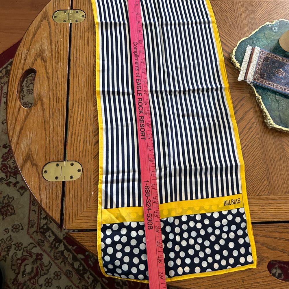Vintage BILL BLASS Blue & Yellow Striped and Polka Dot Silk Scarf - Picture 11 of 12
